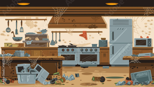 Explore this illustration of a neglected kitchen filled with trash, cobwebs, and disarray, perfect for themes of decay and neglect.
