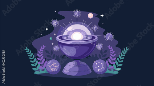 A beautifully illustrated celestial sphere surrounded by astrological symbols and plants. Ideal for themes of mysticism, astrology, and spirituality.
