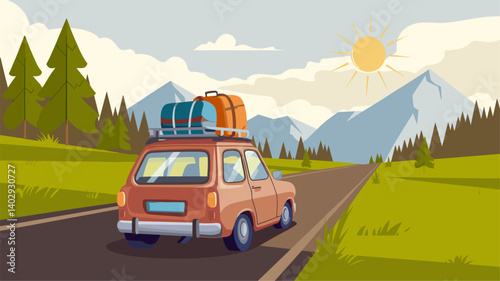 Capture the essence of adventure with this vibrant illustration of a vintage car on a scenic mountain road, perfect for travel-themed projects.