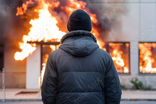 Back view of the arsonist standing in front of a burning building with copy space