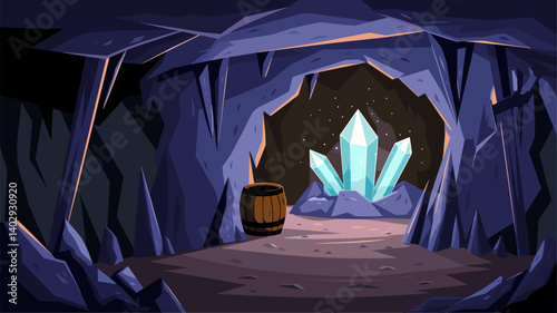 Explore a mystical underground cave featuring vibrant blue crystals and a rustic barrel, perfect for fantasy and adventure themes.