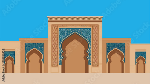 A vibrant digital illustration showcasing intricate Moroccan archways adorned with detailed tile work. Perfect for travel, culture, or architectural themes.