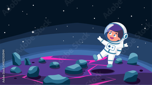 A whimsical illustration of a young astronaut happily exploring an imaginative alien planet filled with colorful rocks and a starry sky.