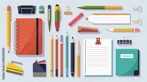 Explore a vibrant assortment of office supplies including notebooks, pens, paper clips, and more, perfect for creative projects.