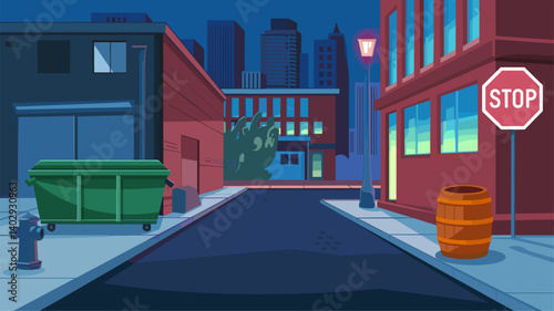 Explore this colorful digital illustration of a city alley at night, featuring vivid buildings, a stop sign, and urban details like a dumpster and streetlights.