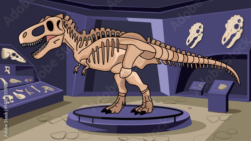 A stylized image of a T-Rex skeleton display in a museum setting. The vibrant colors and simplified design enhance the educational theme.