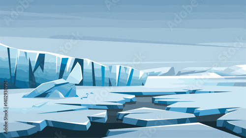 A tranquil view of a cold Arctic landscape featuring large icebergs and fragmented ice flows, set against a pale blue sky.