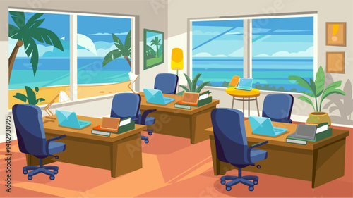 A vibrant coastal office with ocean views, featuring desks with laptops, books, and plants. Perfect for a creative workspace or remote work setting.