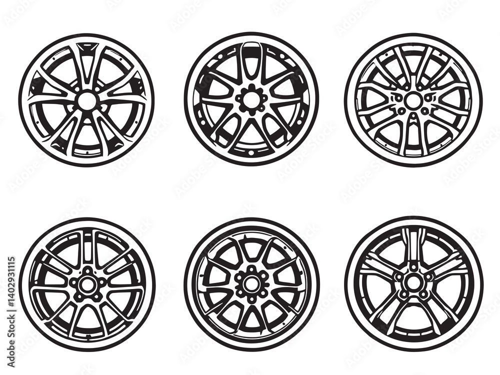 Alloy Wheels Simple Line Art Collection on White Background Alloy Wheels Simple Line Art Collection on White Background