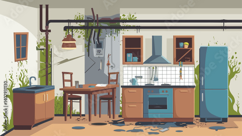 An illustration of a neglected kitchen, showcasing broken appliances, mold growth, and water damage. A stark reminder of neglect and decay.