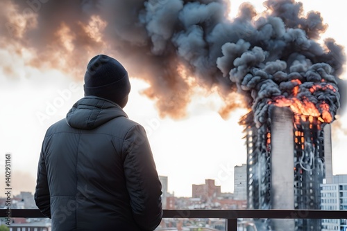 Back view of the arsonist standing in front of a burning building with copy space