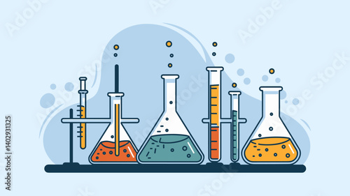 An artistic illustration of various lab glassware filled with colorful liquids. Perfect for science, education, or laboratory themes.