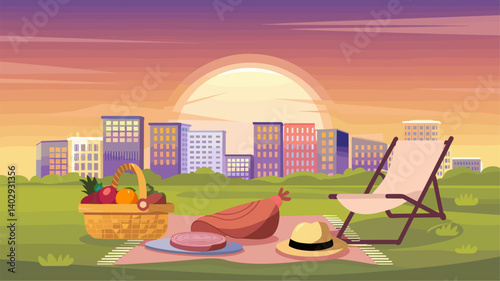 Enjoy a serene urban picnic scene as the sun sets behind city buildings. Featuring a cozy blanket, picnic basket, and relaxing chair, it captures the essence of city leisure.