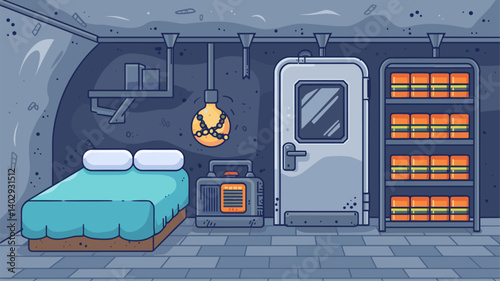 Explore this vibrant illustration of an underground bunker featuring a simple sleeping area, stored supplies, and atmospheric lighting.