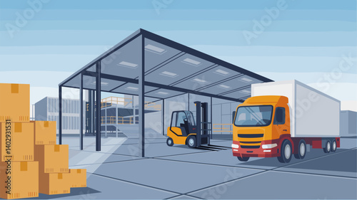 A modern warehouse setup featuring a forklift, delivery truck, and stacked boxes. Ideal for logistics and supply chain visuals.