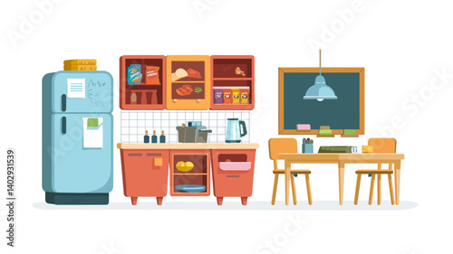 Charming digital illustration of a cozy kitchen setup featuring a fridge, colorful cabinets, and a dining table with chairs. Ideal for home decor and interior design projects.