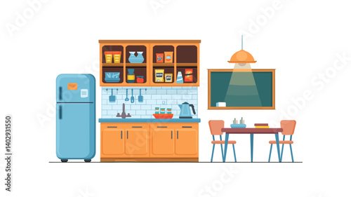 Charming kitchen scene featuring a vintage refrigerator, organized shelves, and a warm dining table setup, perfect for home decor or cooking-related projects.