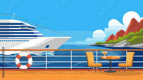 Enjoy a refreshing cocktail while soaking in breathtaking views of the ocean and mountains from a cruise ship balcony.