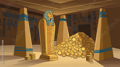 A vibrant illustration of an ancient Egyptian tomb featuring a gold sarcophagus, piles of treasure, and hieroglyphics on the walls.