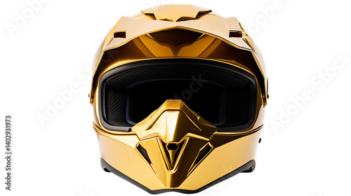 A close up shot of a shiny golden motorcycle helmet front