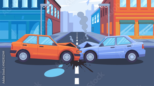 A vibrant cartoon scene depicting a car accident between an orange and a blue car on a city street, complete with smoke and oil spills.