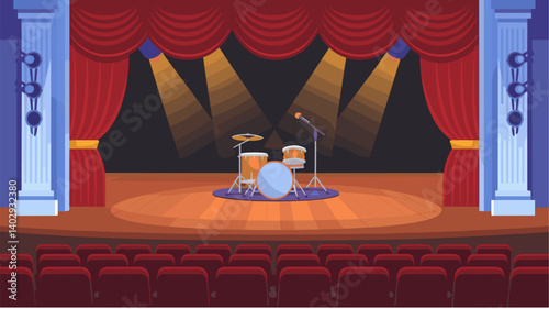 A colorful illustration of a stage featuring a drum set and microphone. The red curtains and spotlight create a dramatic atmosphere, perfect for music events.