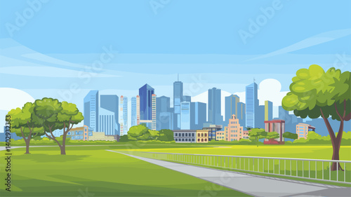 A vibrant illustration of a sunny urban park featuring lush greenery and a scenic pathway, with a modern skyline in the background.