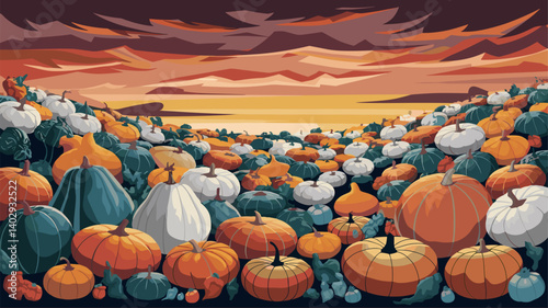 A stunning autumn landscape filled with colorful pumpkins of various shapes and sizes against a dramatic sunset sky.