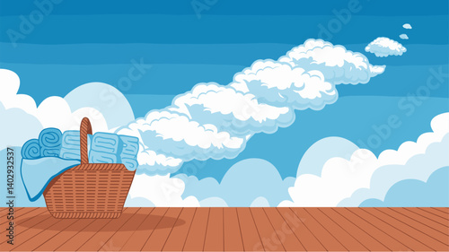 A whimsical illustration of a wicker basket filled with soft blankets, creating a trail of fluffy clouds against a bright blue sky.