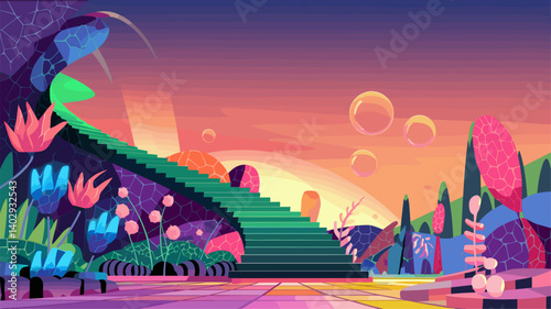 Explore a colorful, surreal landscape featuring vibrant plants, whimsical stairs, and floating bubbles, perfect for creative projects.
