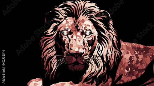 A striking illustration of a lion's head crafted in a mosaic design, showcasing intricate details with a blend of warm colors against a dark background.