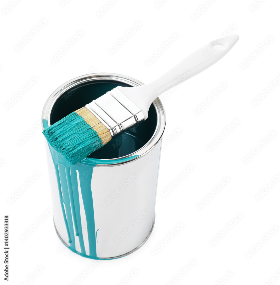 Can of turquoise paint and brush isolated on white Can of turquoise paint and brush isolated on white