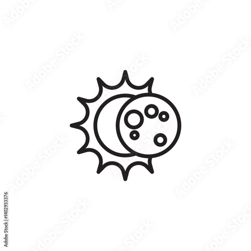 A line art icon depicting a solar eclipse. The sun with its radiating lines is partially obscured by the moon, which shows several craters on its surface.