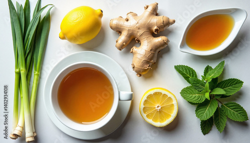 Lemongrass and ginger tea with lemon and mint on white background  
