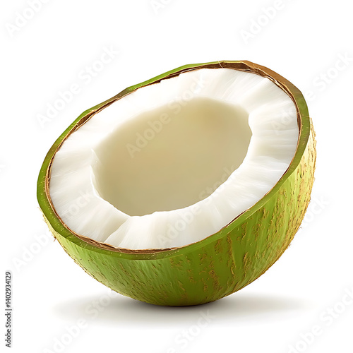 A fresh green coconut half with a smooth, creamy texture and liquid inside, isolated white background