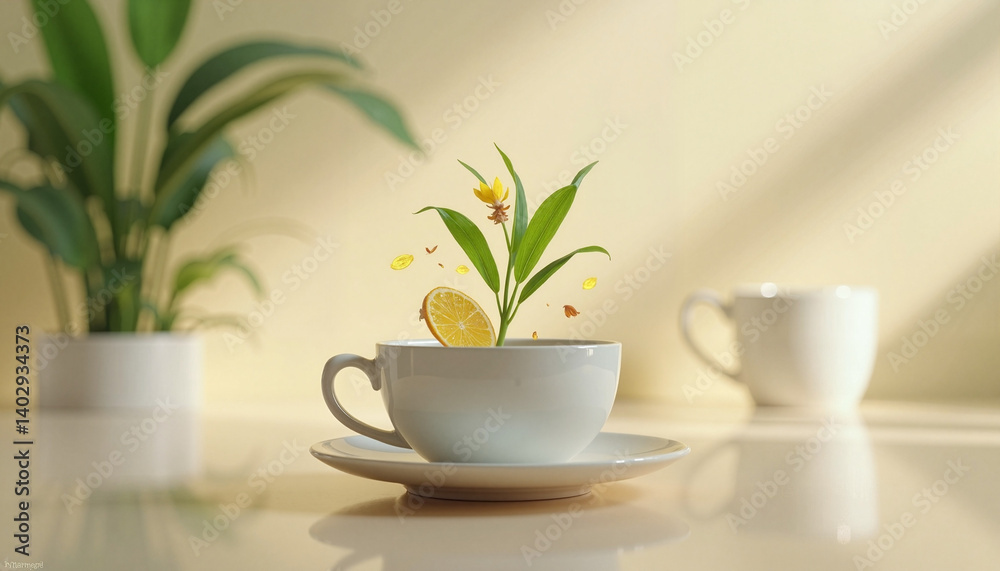 Lemongrass and ginger plant sprouting in a cup with decor background, Herbal tea picking