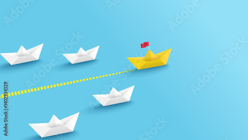 Target, success. leader, leadership ,business ,competition, vision, start up. Yellow paper boat leads among white boat to destination