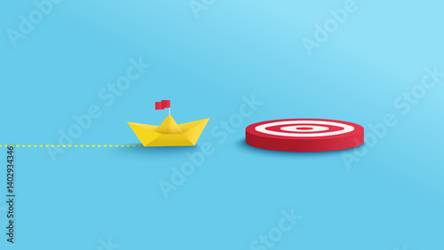 Target, success. leader, leadership ,business ,competition, vision, start up. Yellow paper boat leads among white boat to destination