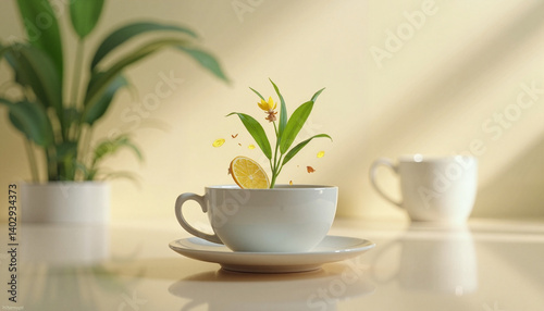 Obraz na płótnie Lemongrass and ginger plant sprouting in a cup with decor background, Herbal tea picking w salonie