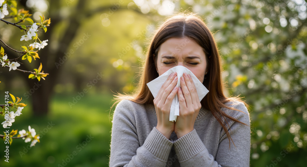 Young woman sneezing due to allergies in a blooming garden Young woman sneezing due to allergies in a blooming garden