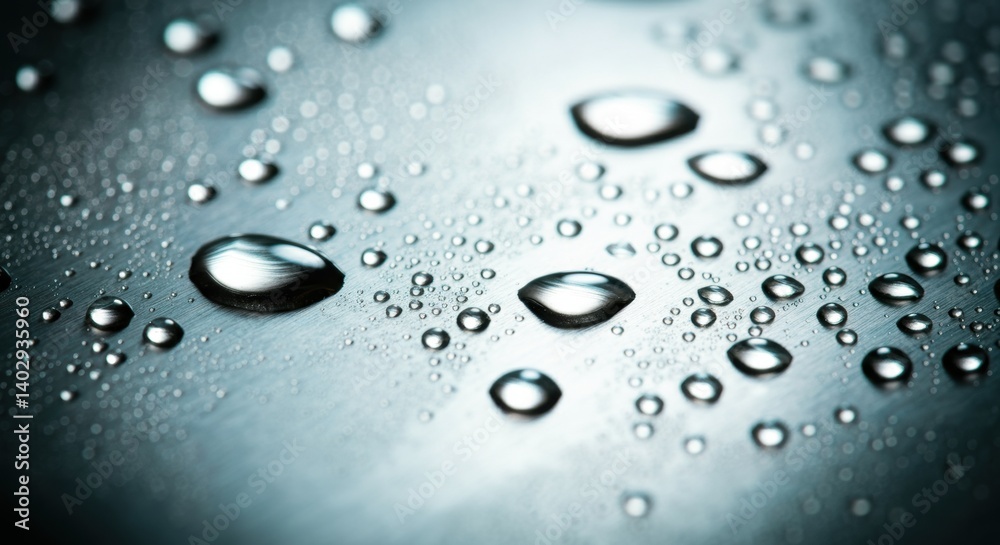Close-up of water droplets on metallic surface with shallow focus Close-up of water droplets on metallic surface with shallow focus