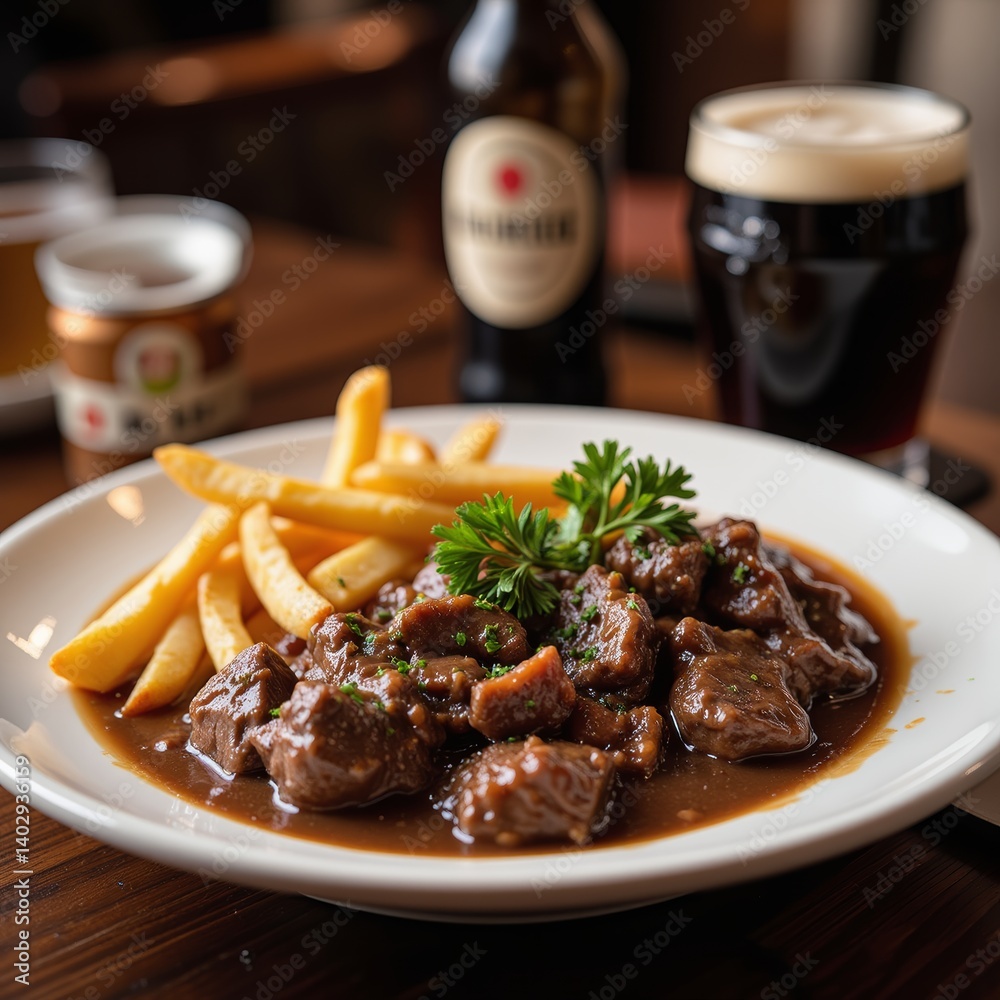 Delicious Beef Stew with Crispy French Fries Garnish and Dark Beer Delicious Beef Stew with Crispy French Fries Garnish and Dark Beer