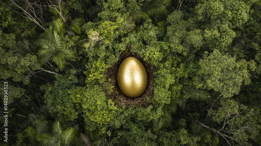 Golden egg in a nest amidst lush green forest canopy aerial view symbolizing wealth prosperity investment and a unique opportunity against a natural background