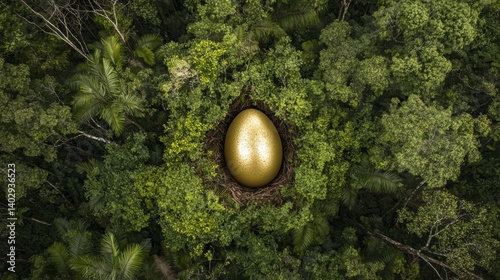 Obraz na płótnie Golden egg in a nest amidst lush green forest canopy aerial view symbolizing wealth prosperity investment and a unique opportunity against a natural background w salonie