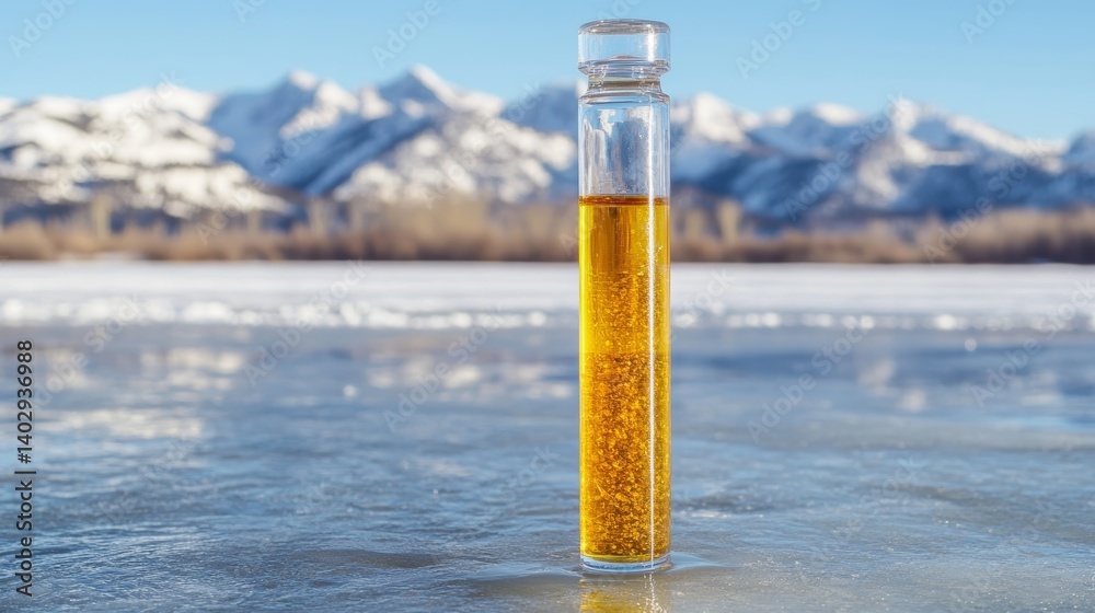 Golden serum in vial on ice with mountain background