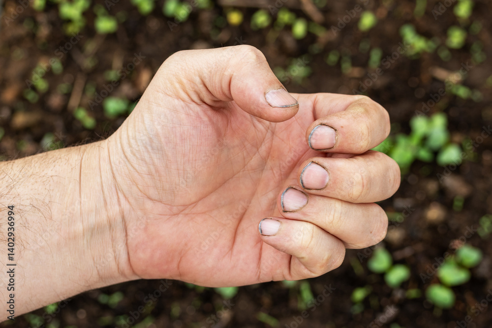 the palm of a man's hand with dirty fingernails in close-up top view