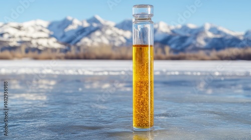 Obraz na płótnie Golden serum in vial on ice with mountain background w salonie