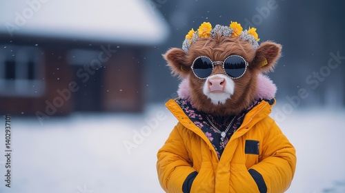 A humorous portrait of a highland cow with anthropomorphic traits, wearing a floral crown, rhinestone sunglasses, and a vibrant floral jacket.