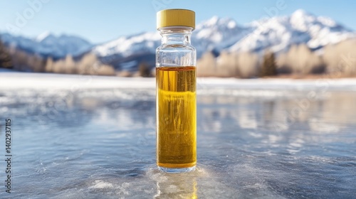 Golden liquid in vial on frozen lake crystal bottle with mountain background natural remedy concept winter wellness shot medicinal oil organic alternative health drink 