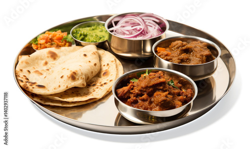A traditional and authentic Maharashtrian mutton thali served in a round stainless steel plate with multiple bowls on a transparent background